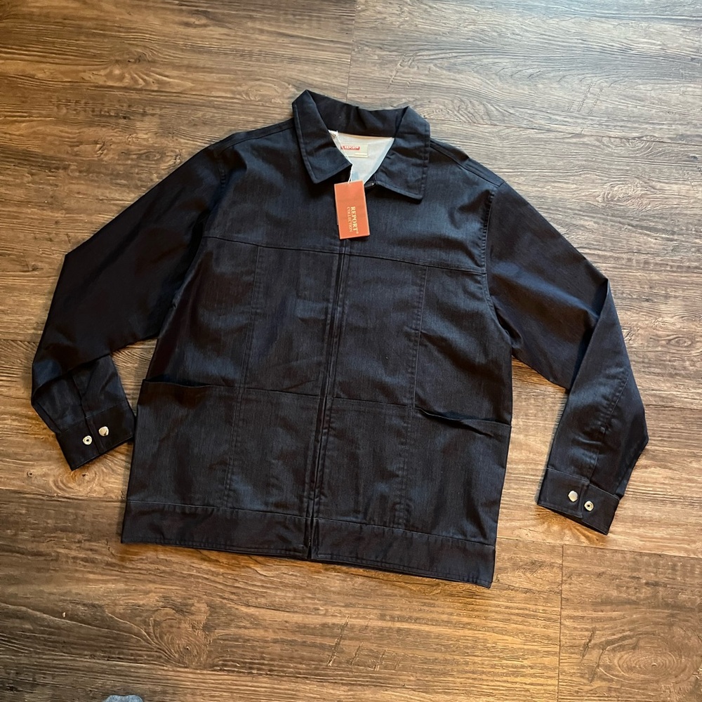 Men’s Report Collection Dark Navy Denim Water Jacket Coat NWT’s X-Large